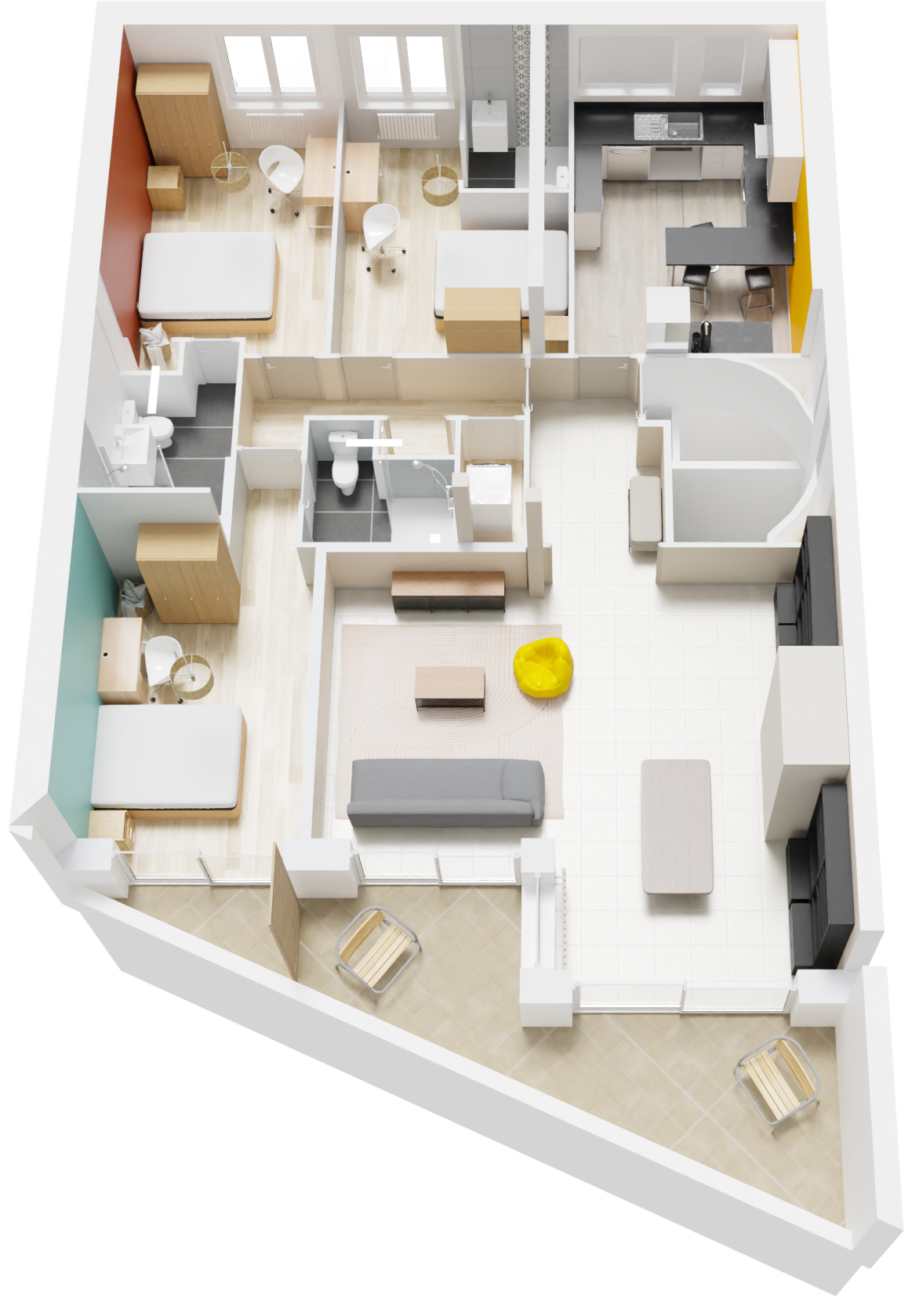 Vue aérienne 3D de l'appartement