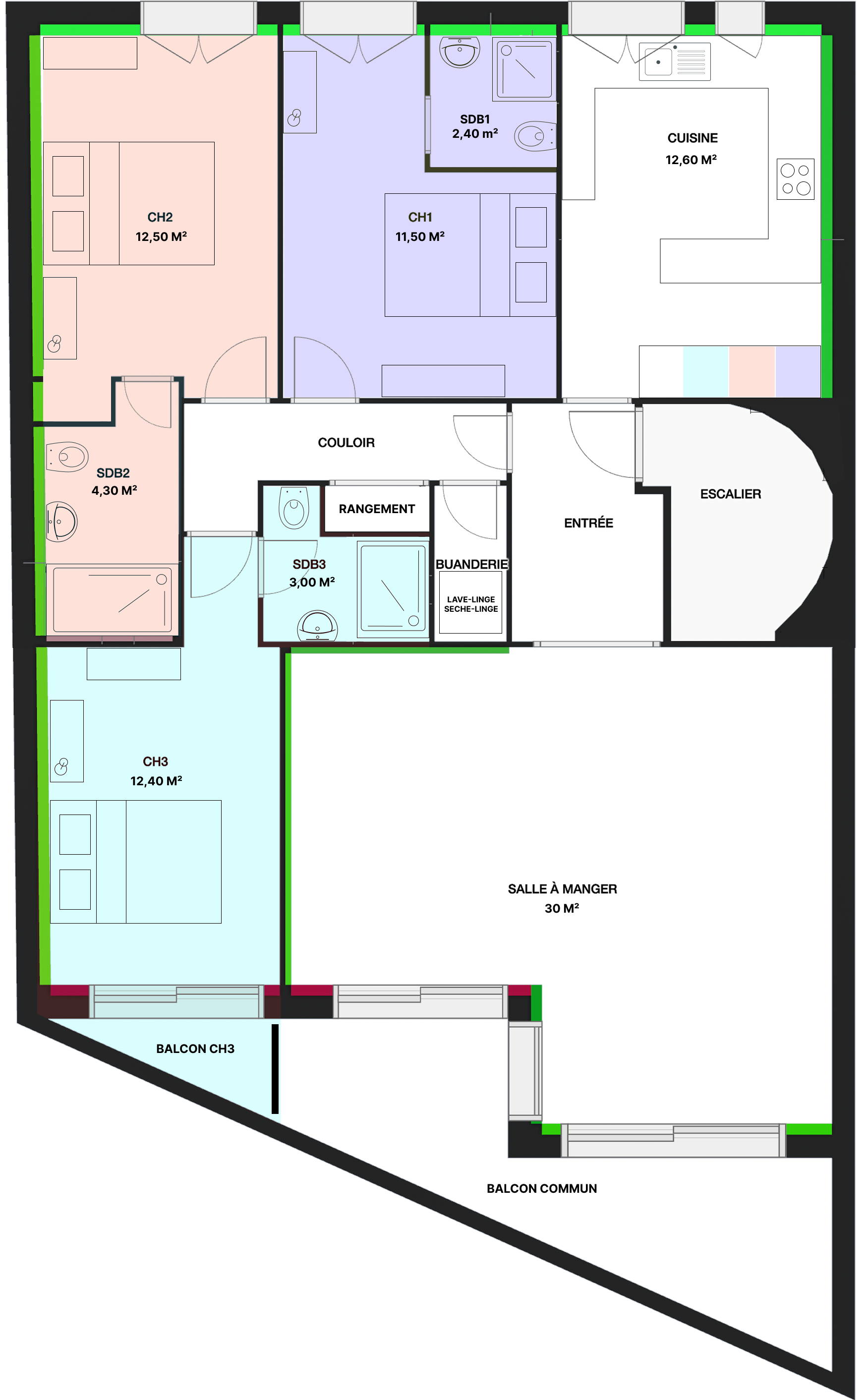 Plan 2D de l'appartement, 3 chambres avec salle de bain privative, 112,2 m²